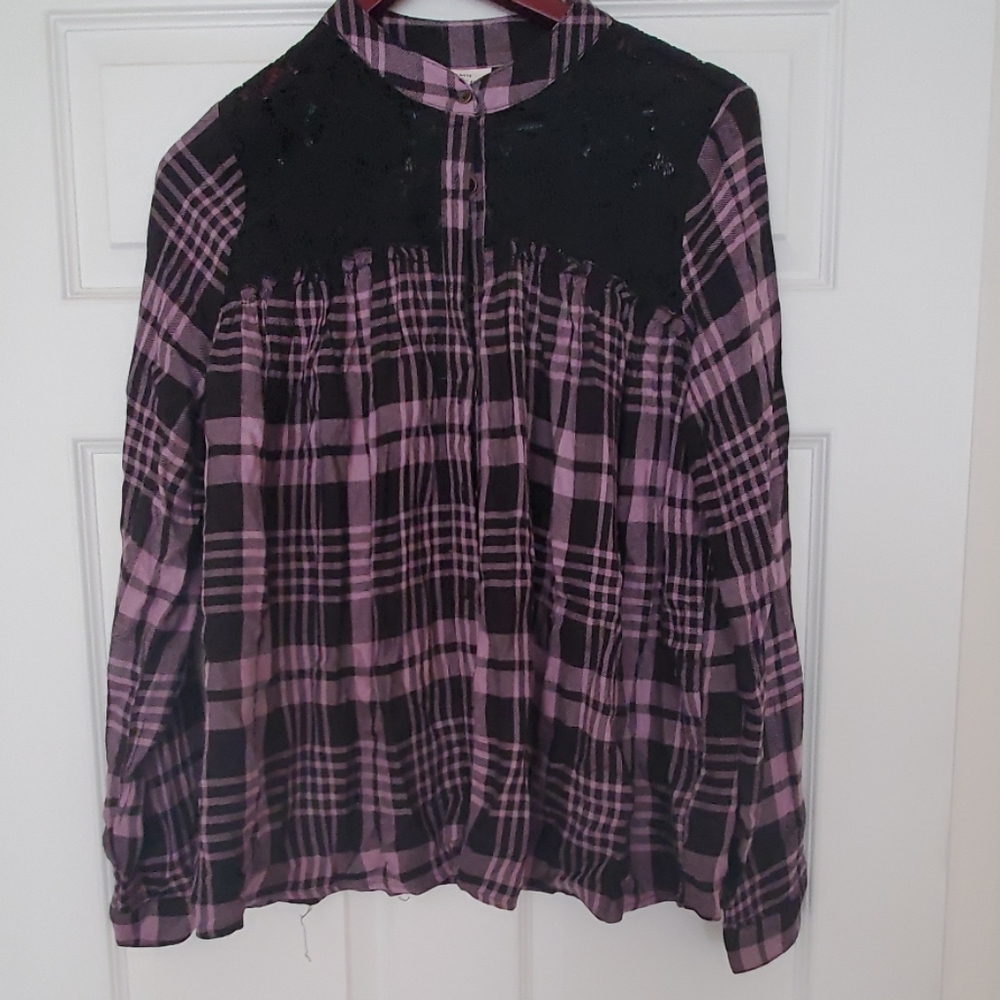 Button down flannel blouse with lace details